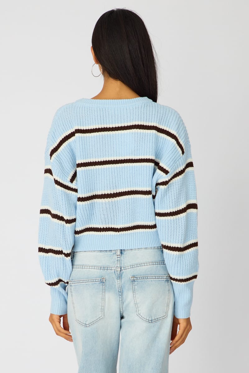 Blue Stripe Knit Top Long Sleeve Color Block