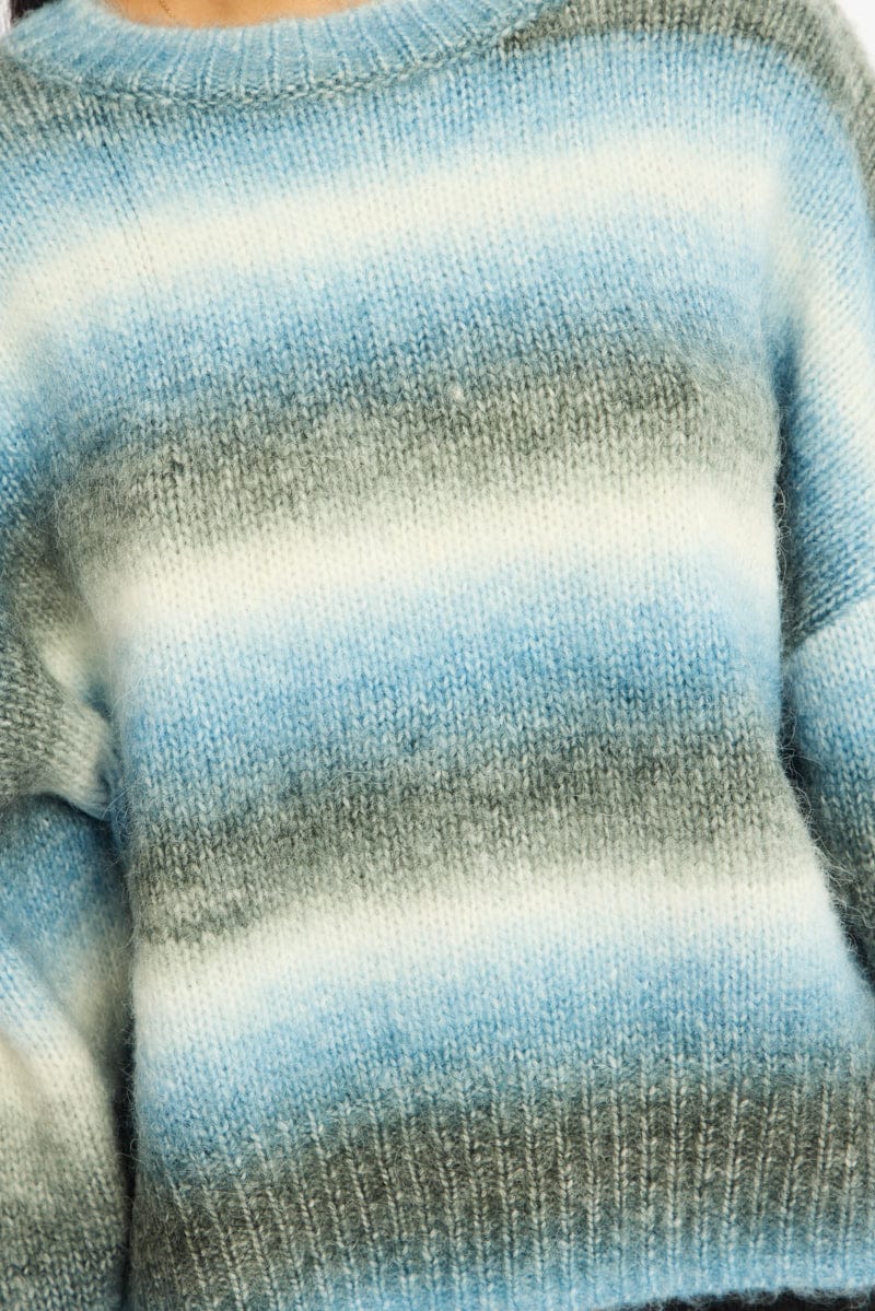 Blue Stripe Stripe Knit Jumper Oversized Crew Neck