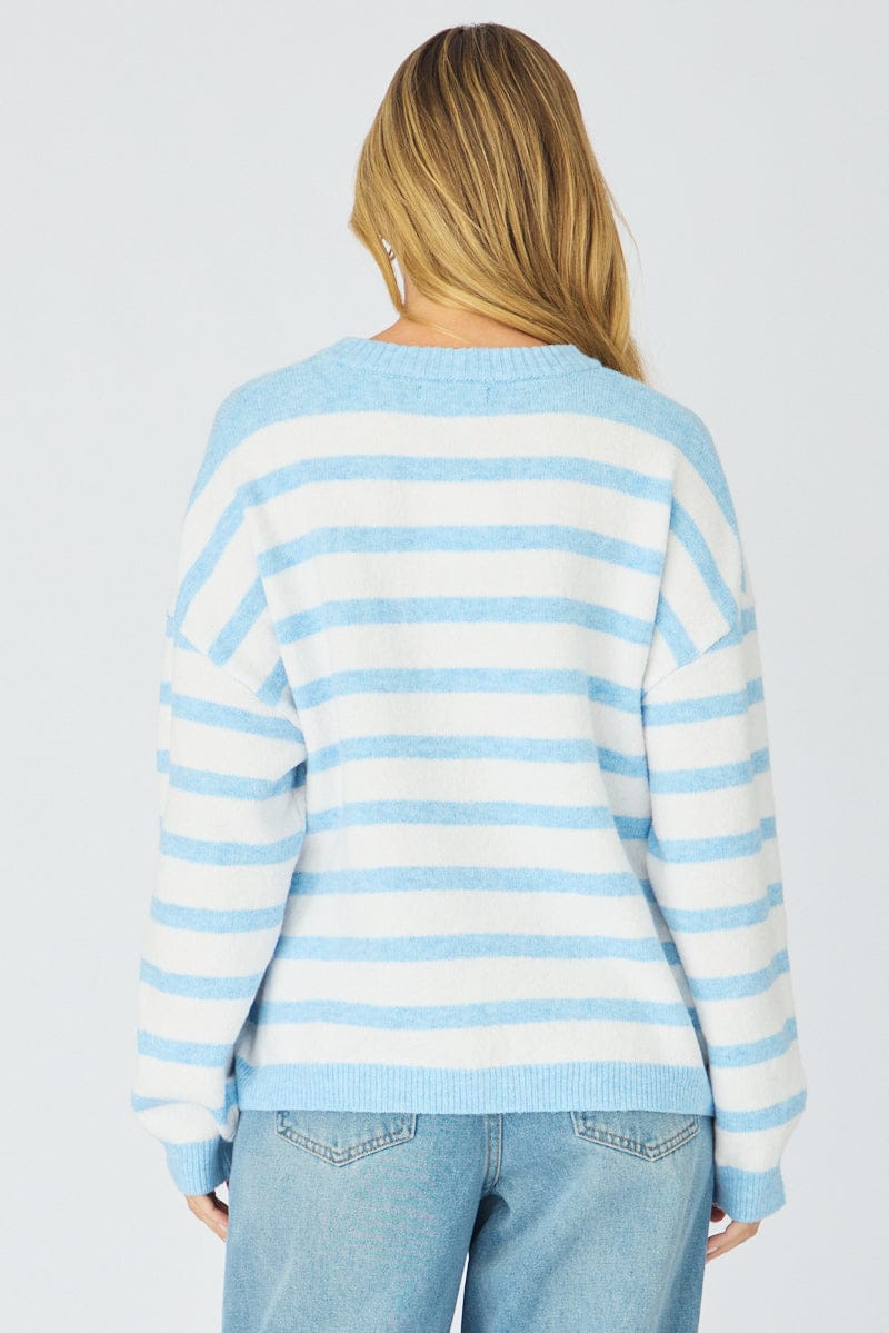 Blue Stripe Basic Stripe Knit Sweater Oversized