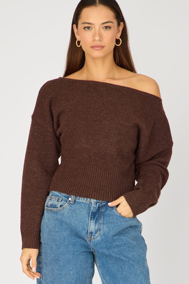 Brown Knit Top Off Shoulder Long Sleeve
