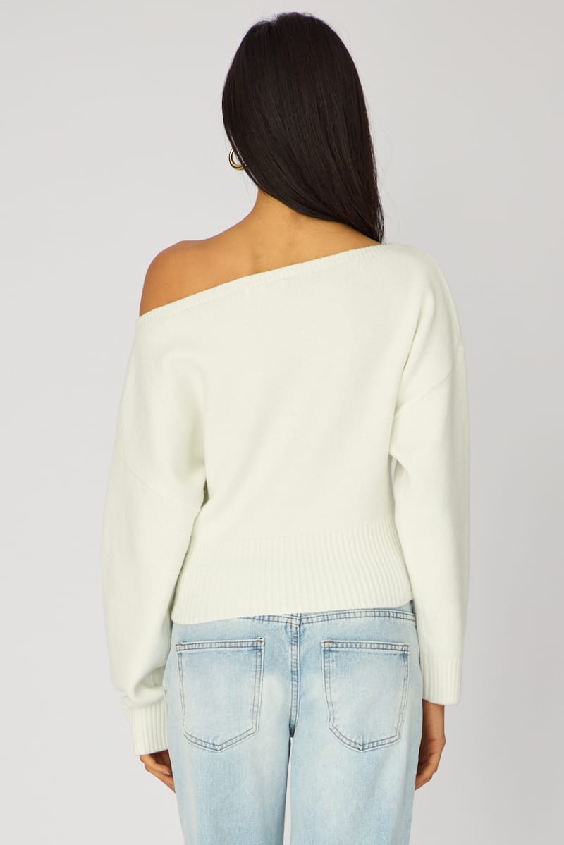 White Knit Top Off Shoulder Long Sleeve