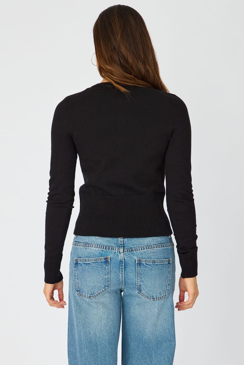 Black Fitted Cardigan Long Sleeve Crew Neck
