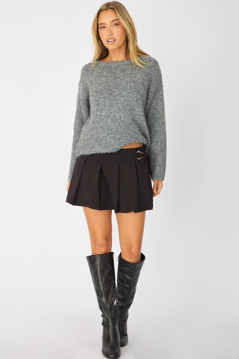 Grey Loose Long Sleeve Boat Neck Knit