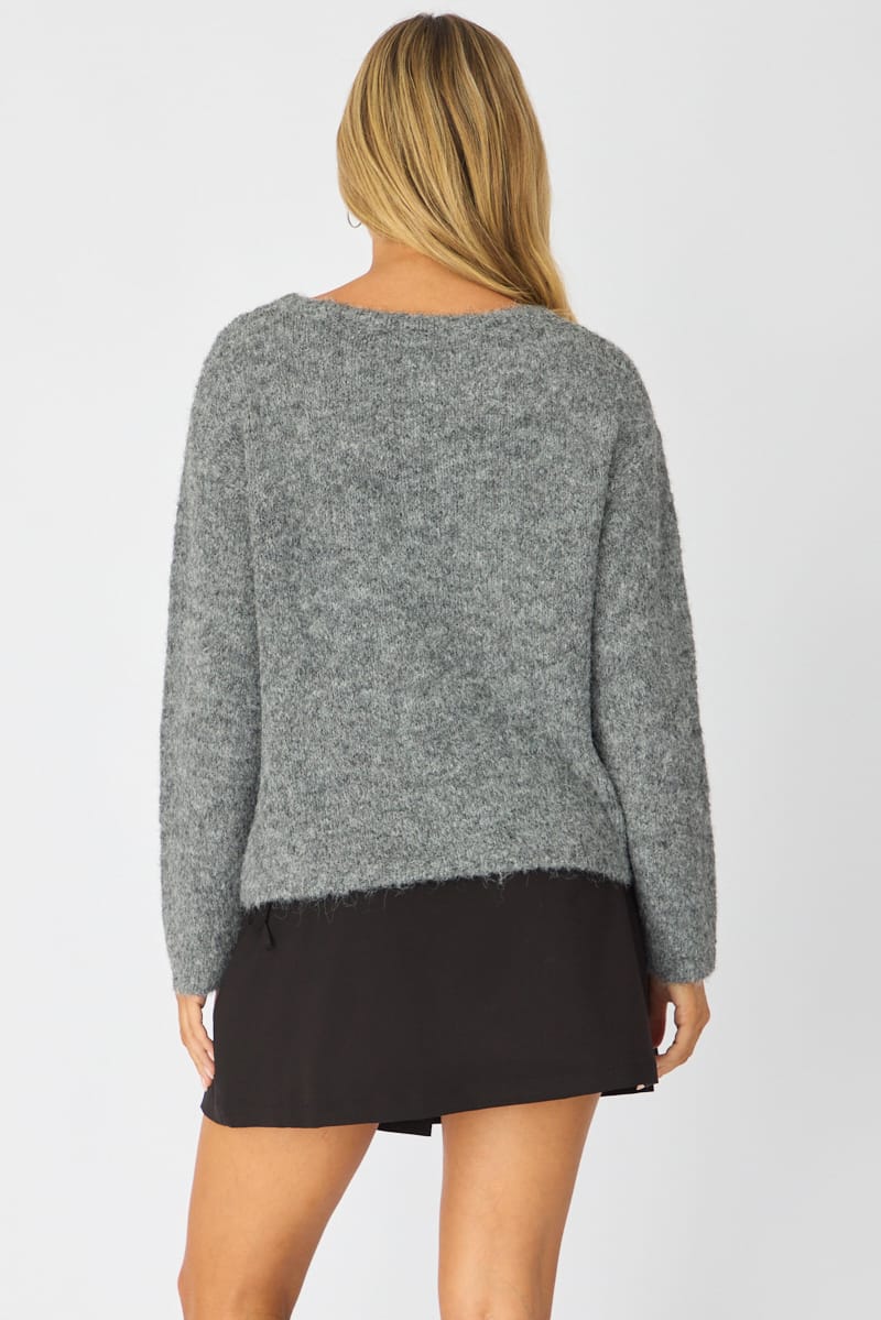 Grey Loose Long Sleeve Boat Neck Knit