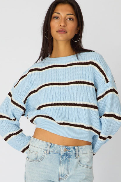 Blue Stripe Knit Top Long Sleeve Color Block
