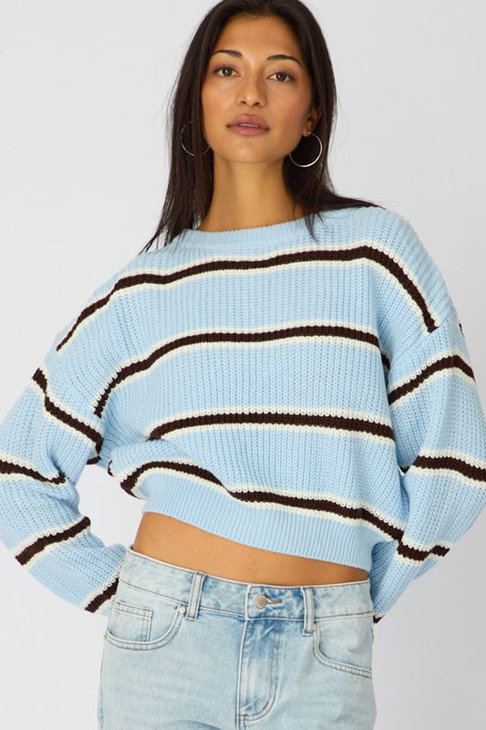 Blue Stripe Knit Top Long Sleeve Color Block