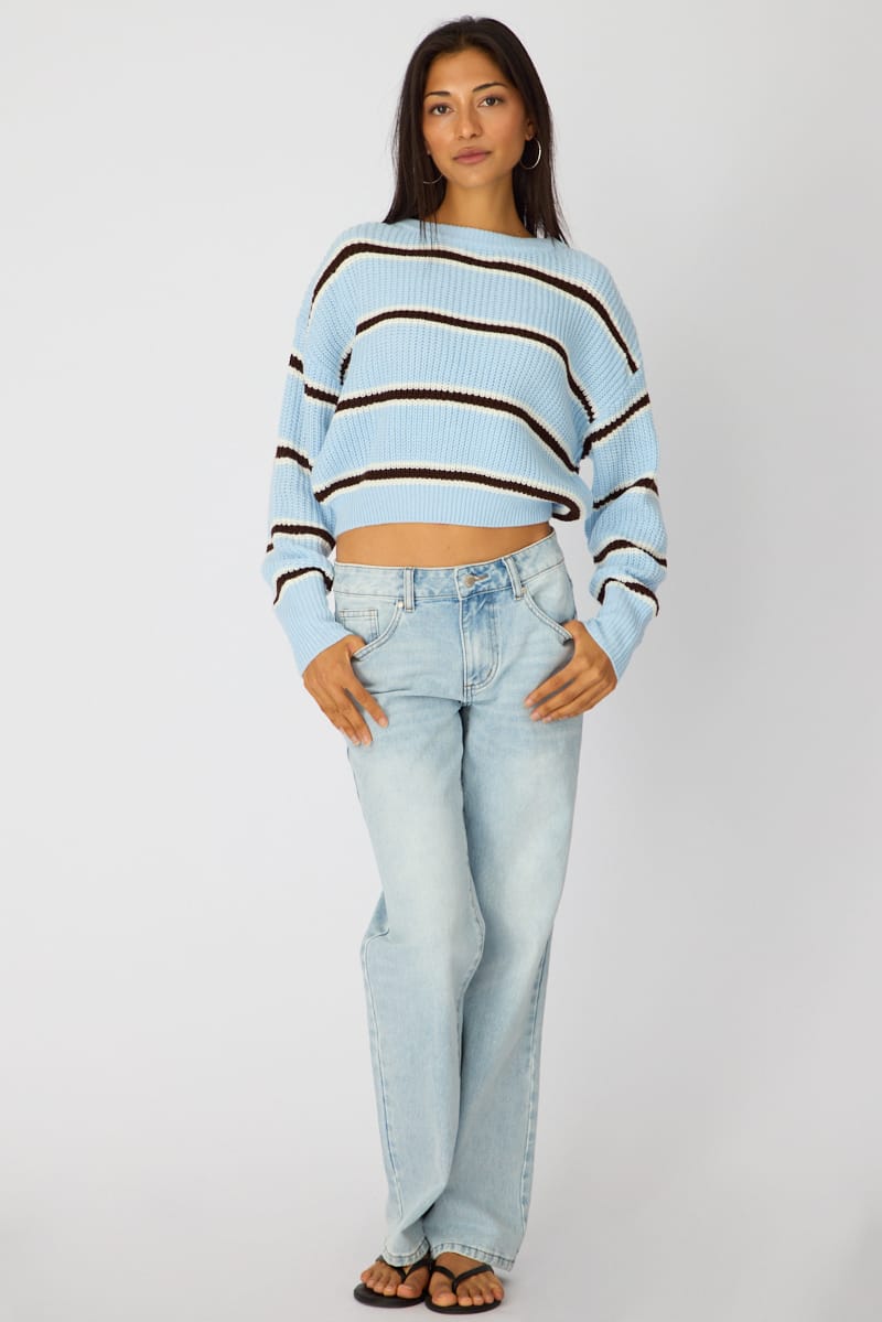 Blue Stripe Knit Top Long Sleeve Color Block