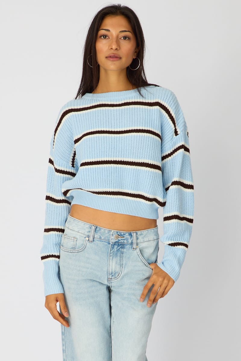 Blue Stripe Knit Top Long Sleeve Color Block