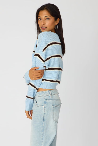 Blue Stripe Knit Top Long Sleeve Color Block