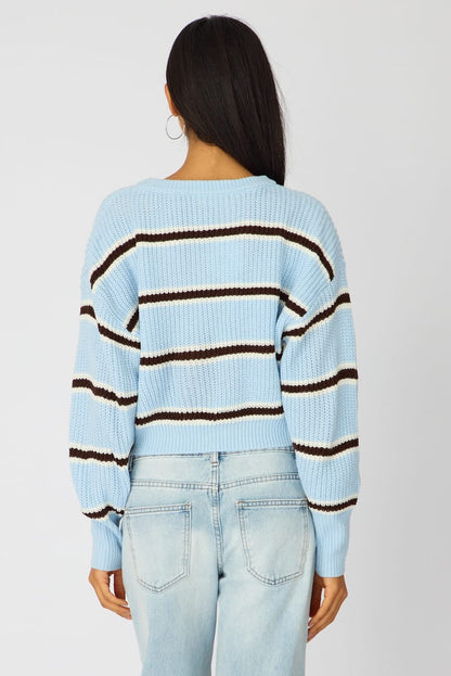Blue Stripe Knit Top Long Sleeve Color Block