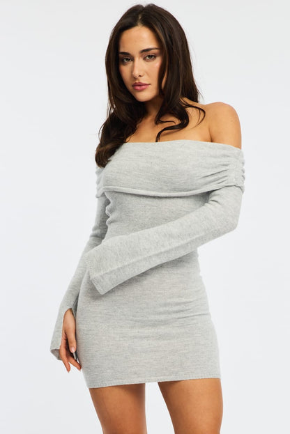 Grey Knit Dress Off Shoulder