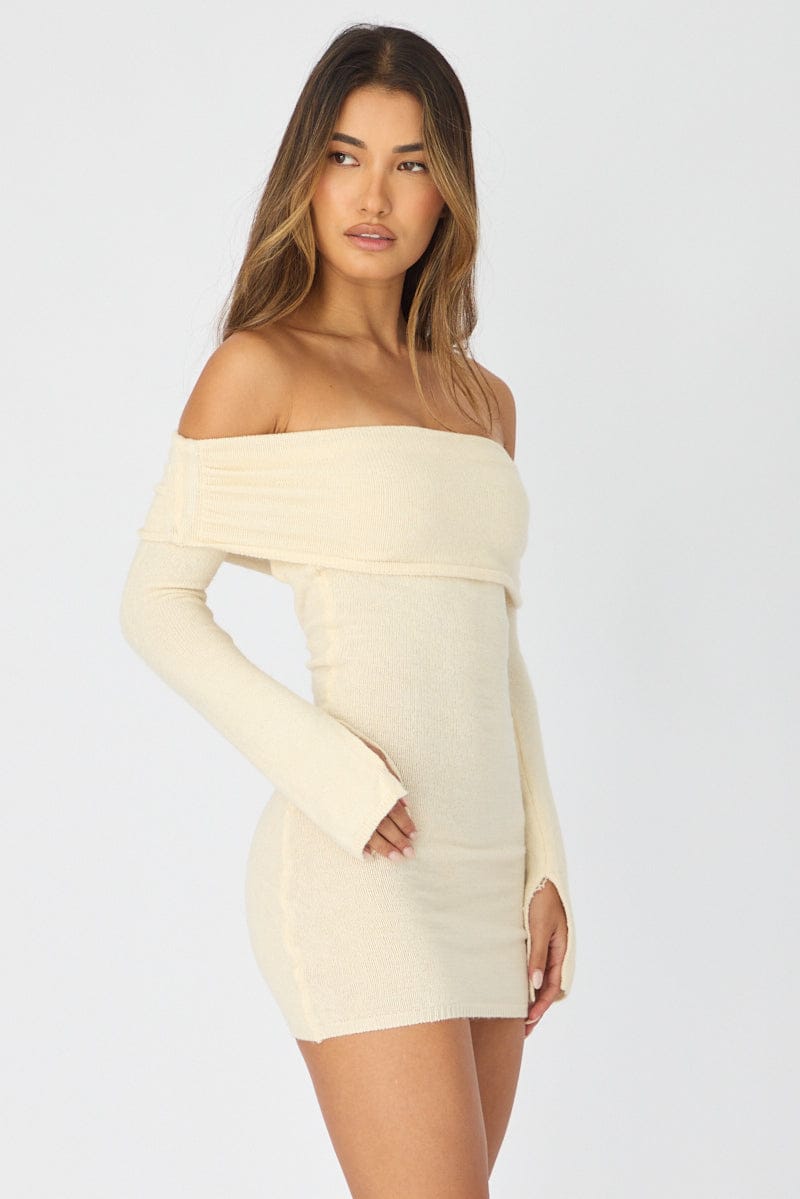 White Knit Dress Off Shoulder
