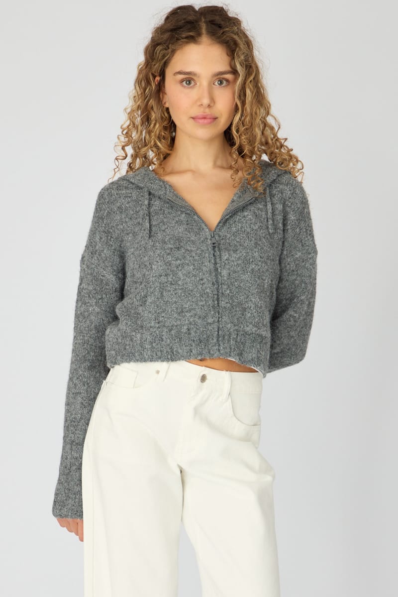Grey Knit Hoodie With Zip