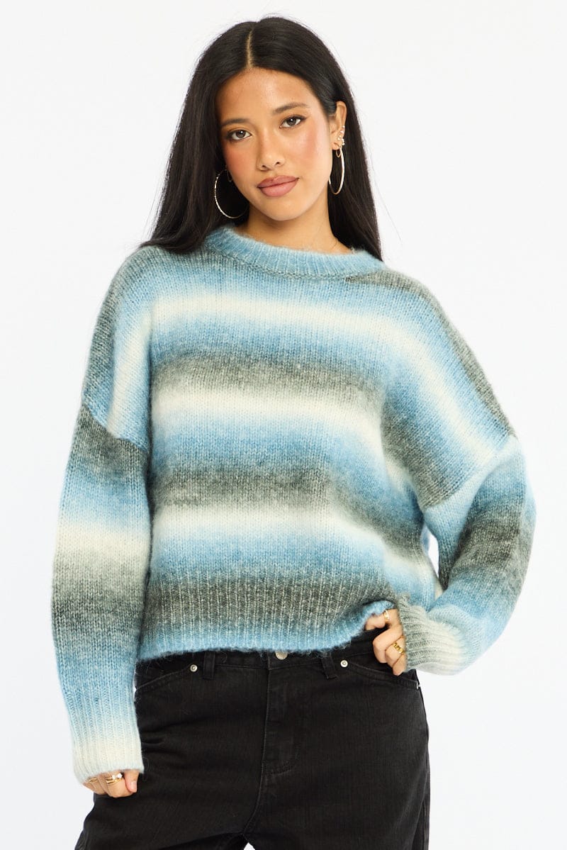 Blue Stripe Stripe Knit Jumper Oversized Crew Neck