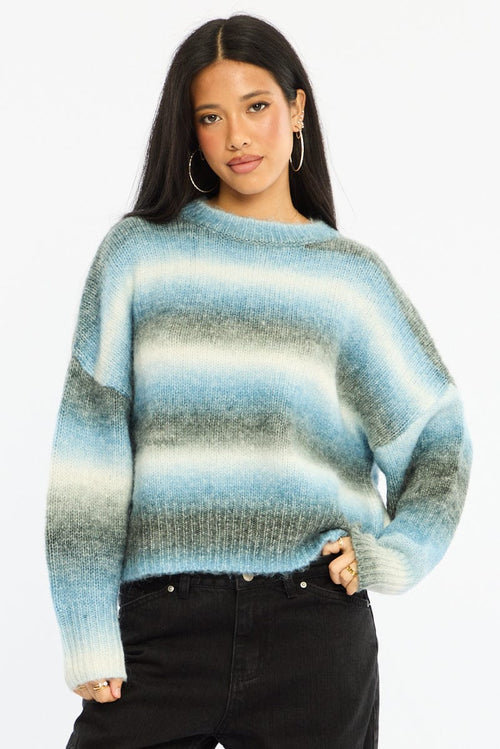 Blue Stripe Stripe Knit Jumper Oversized Crew Neck