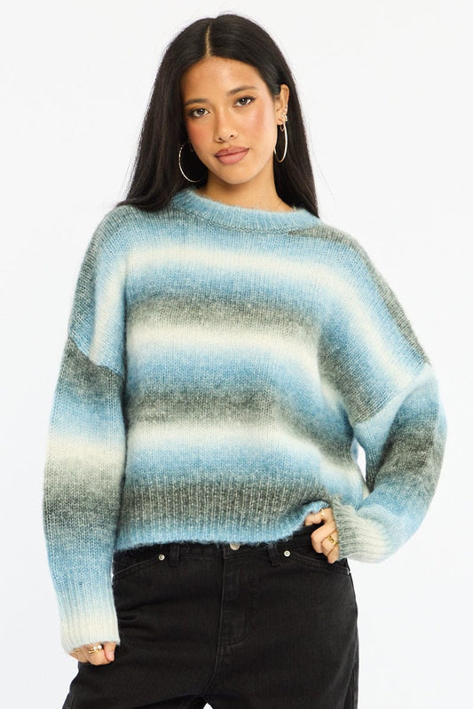 Blue Stripe Stripe Knit Jumper Oversized Crew Neck