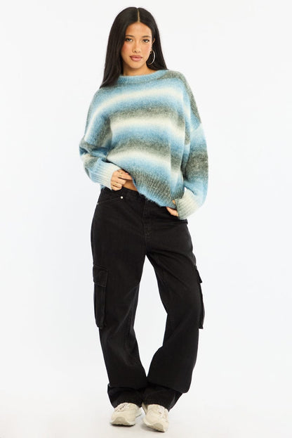 Blue Stripe Stripe Knit Jumper Oversized Crew Neck
