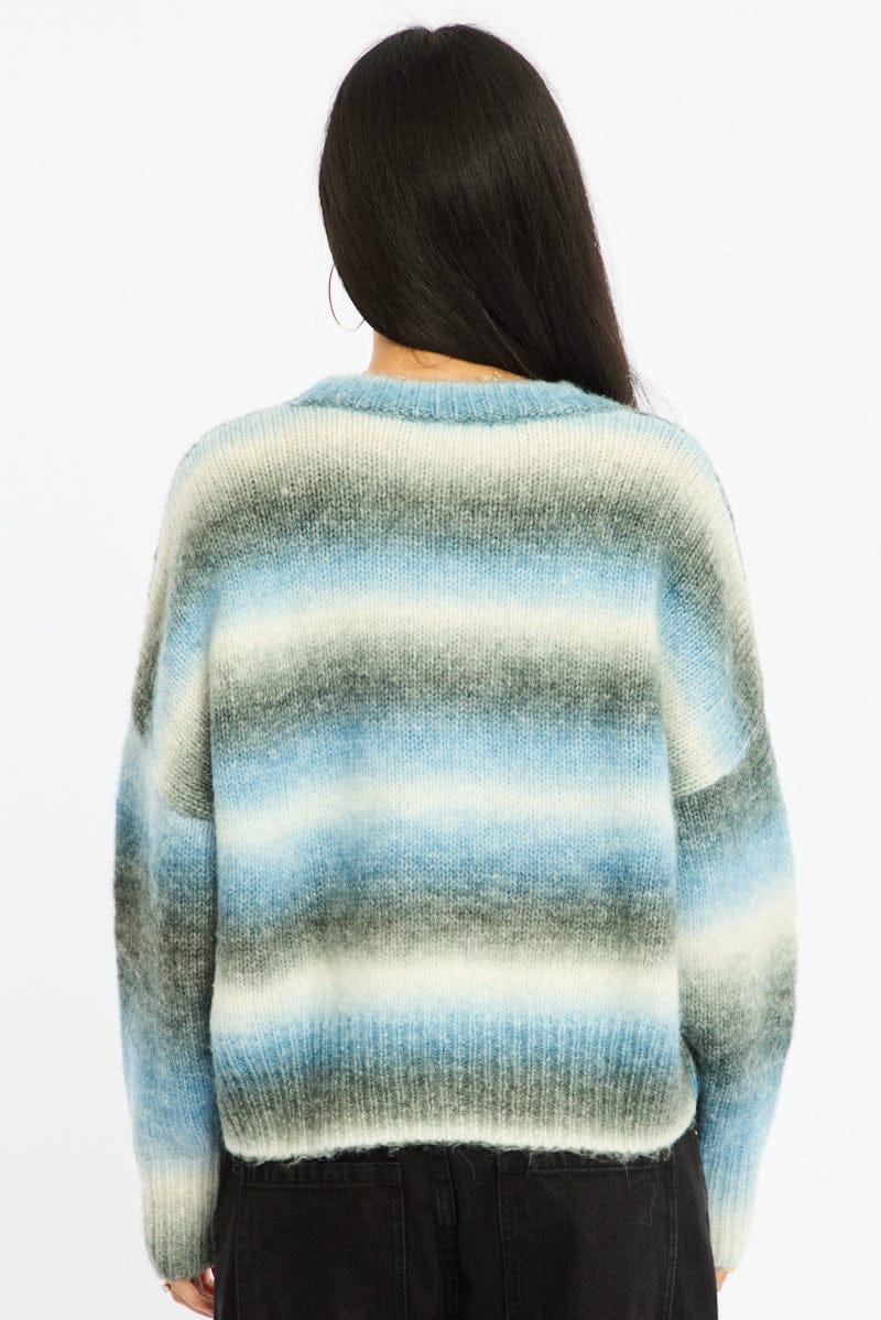Blue Stripe Stripe Knit Jumper Oversized Crew Neck