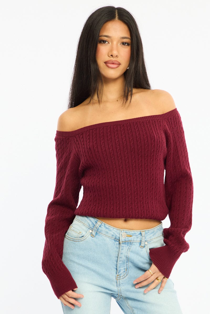 Red Off Shoulder Knit Jumper Cable Design