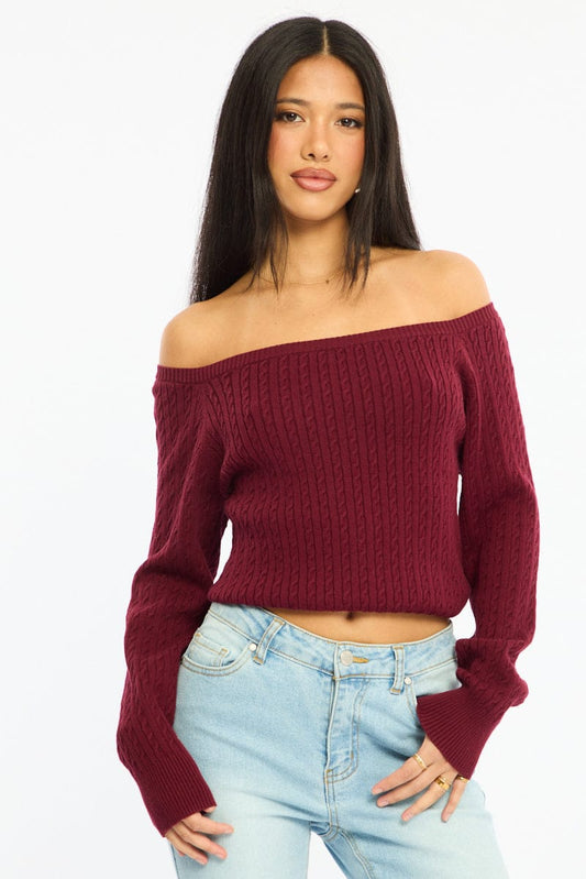 Red Off Shoulder Knit Jumper Cable Design