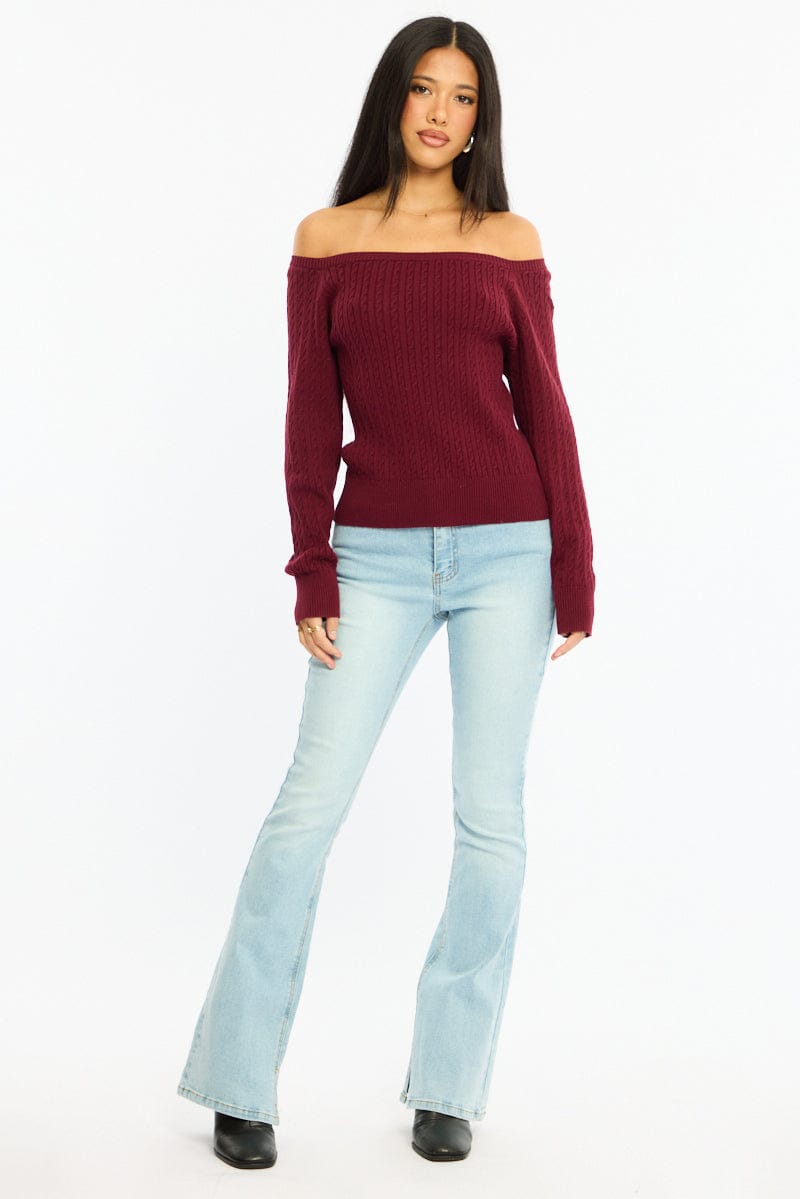 Red Off Shoulder Knit Jumper Cable Design