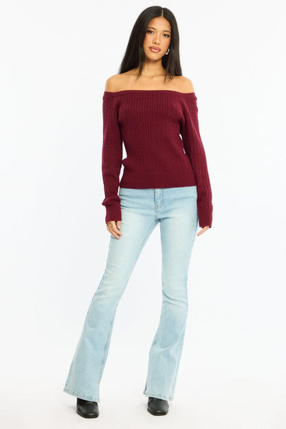 Red Off Shoulder Knit Jumper Cable Design