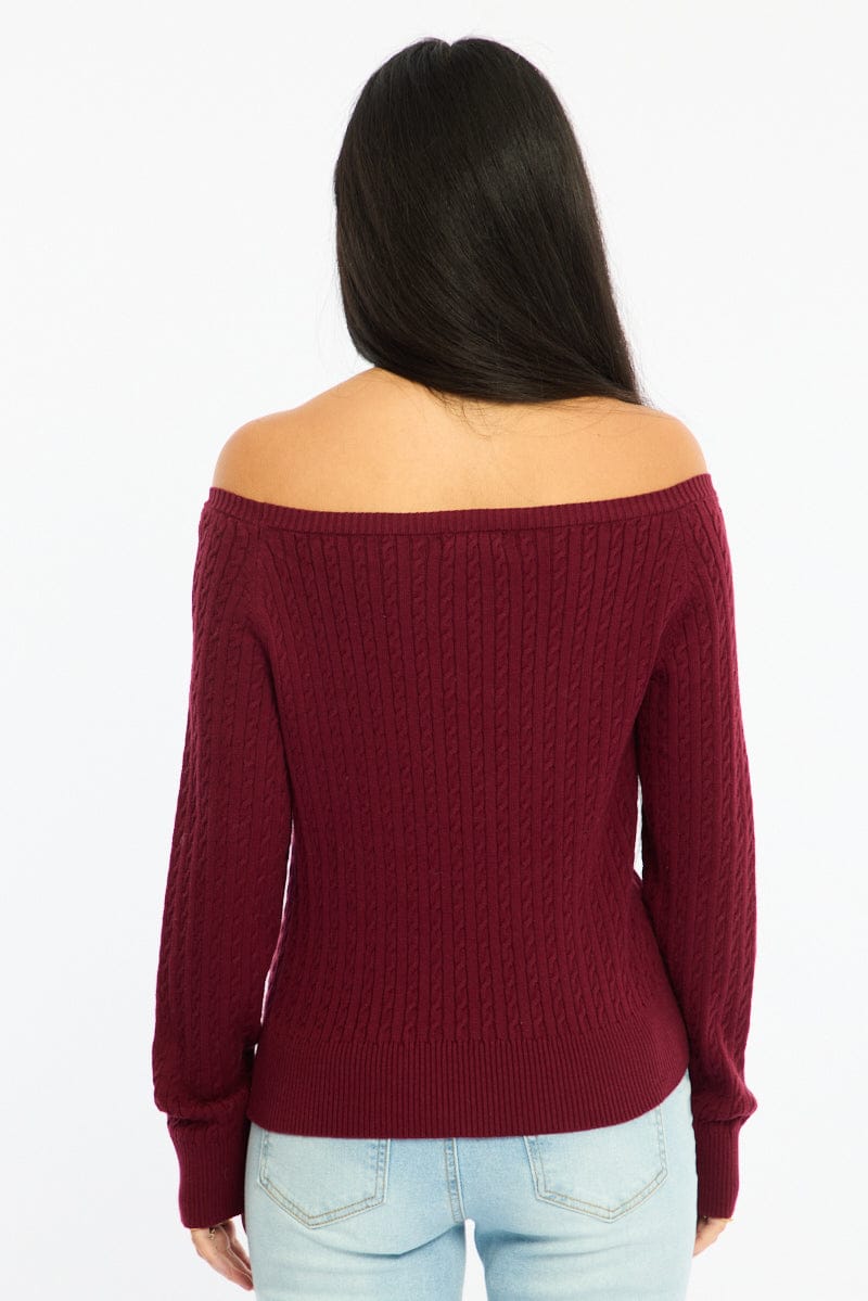 Red Off Shoulder Knit Jumper Cable Design