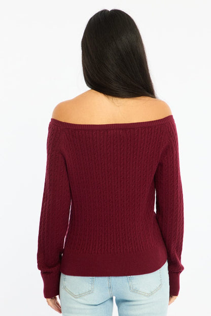Red Off Shoulder Knit Jumper Cable Design