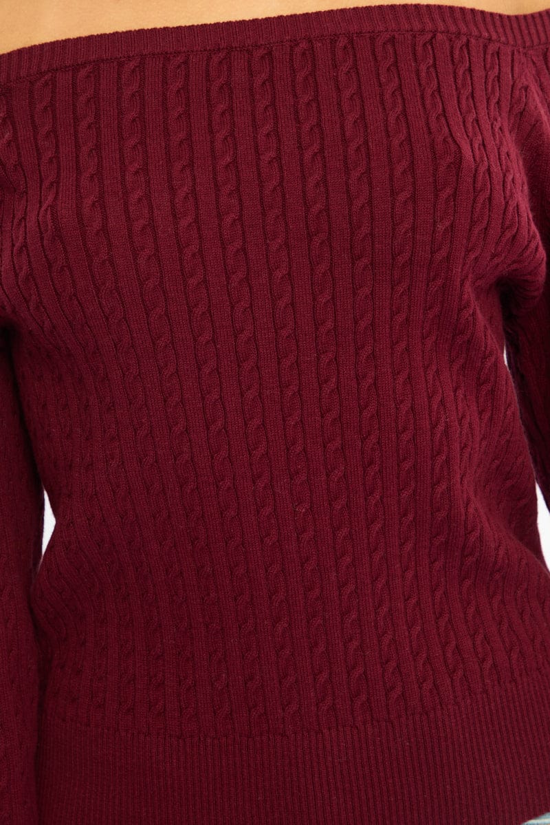 Red Off Shoulder Knit Jumper Cable Design