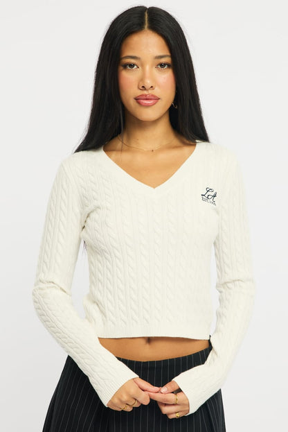 White Cable Knit Top V-neck Embroidered Detail