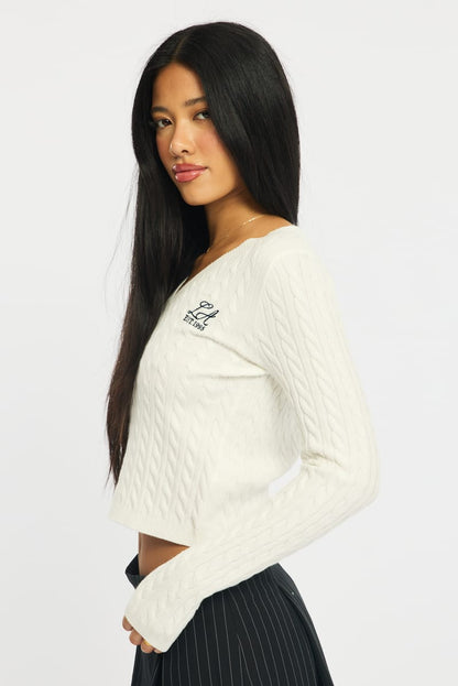 White Cable Knit Top V-neck Embroidered Detail