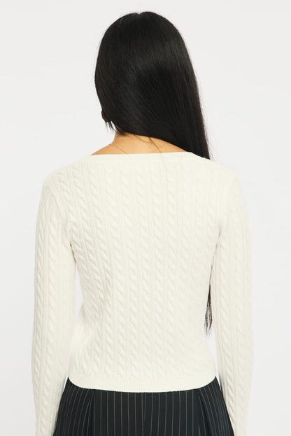 White Cable Knit Top V-neck Embroidered Detail