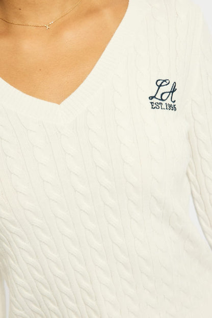 White Cable Knit Top V-neck Embroidered Detail