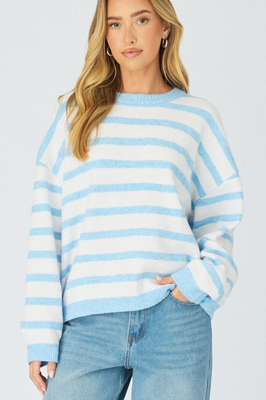 Blue Stripe Basic Stripe Knit Sweater Oversized