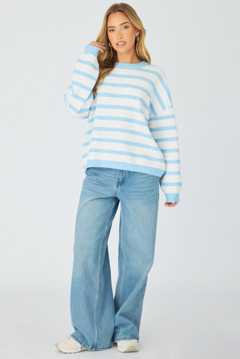 Blue Stripe Basic Stripe Knit Sweater Oversized