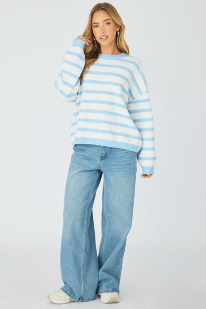 Blue Stripe Basic Stripe Knit Sweater Oversized