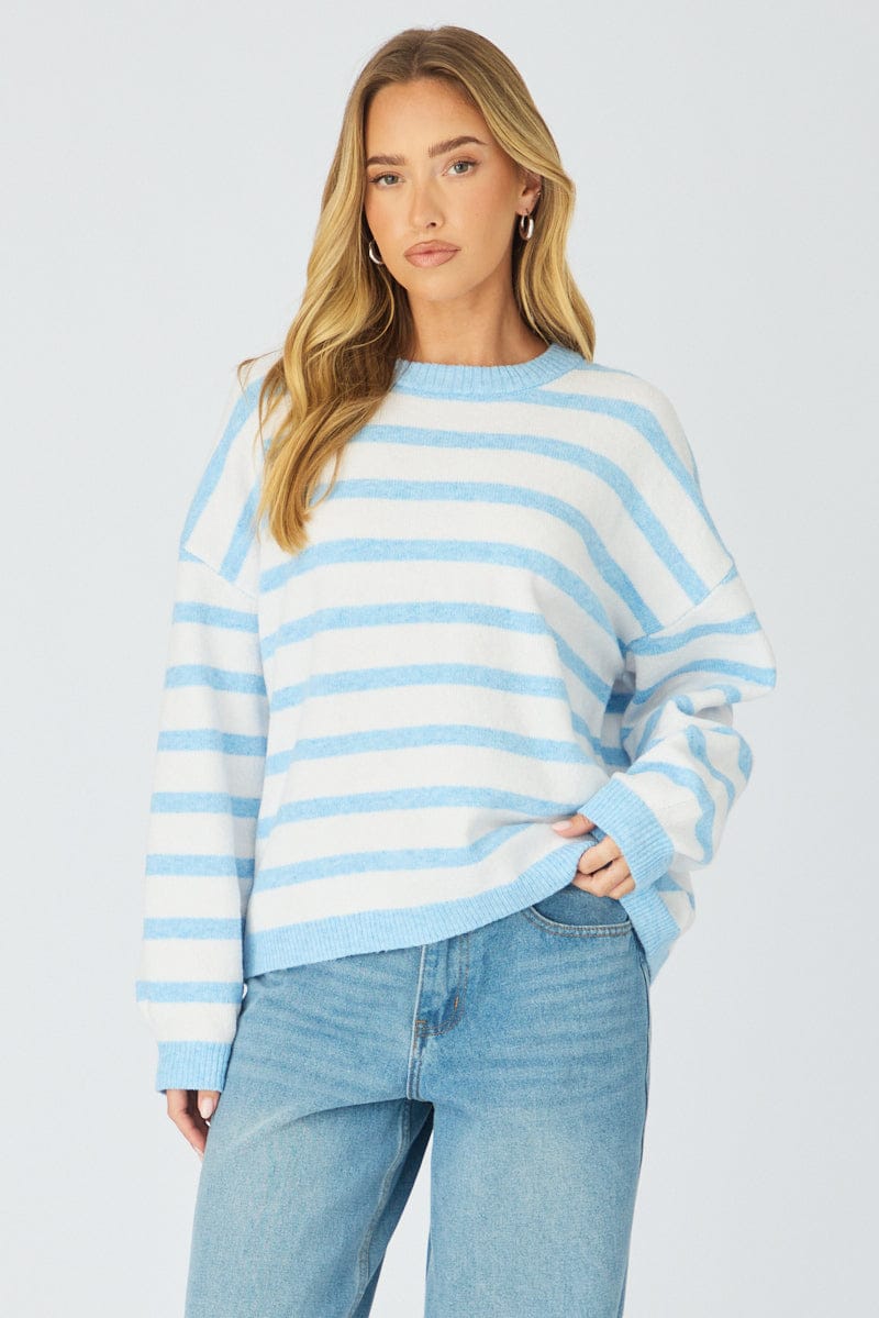 Blue Stripe Basic Stripe Knit Sweater Oversized