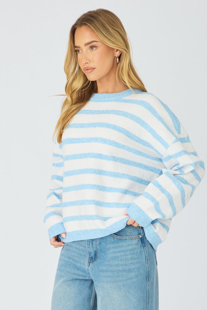 Blue Stripe Basic Stripe Knit Sweater Oversized
