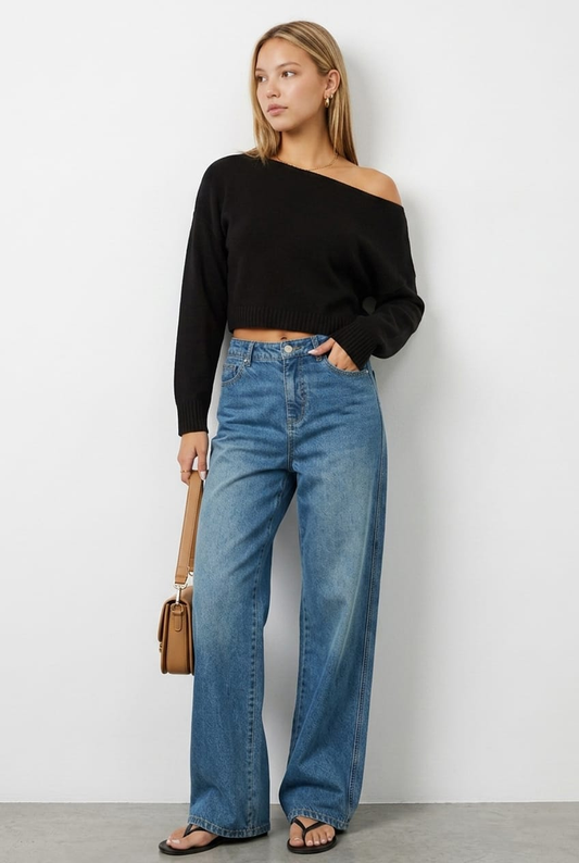 Black Knit Top Off Shoulder Long Sleeve