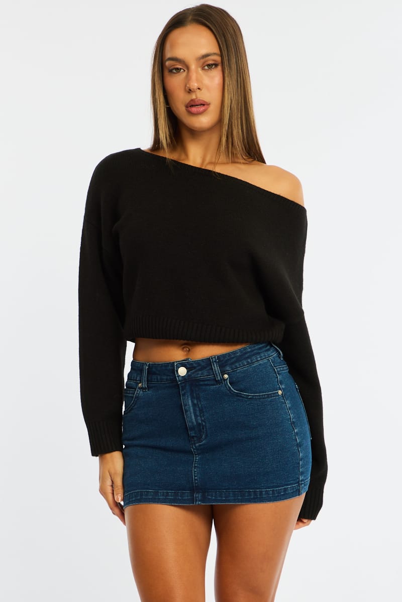 Black Knit Top Off Shoulder Long Sleeve