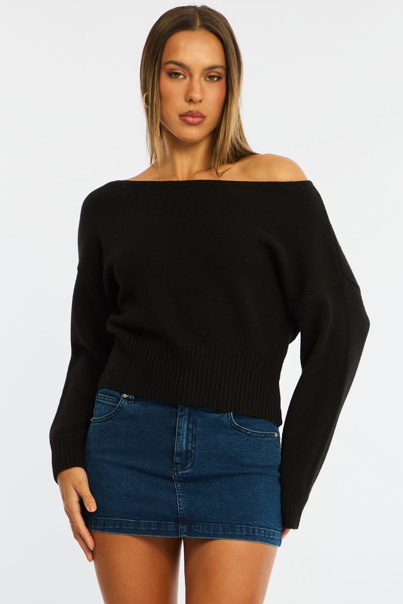 Black Knit Top Off Shoulder Long Sleeve