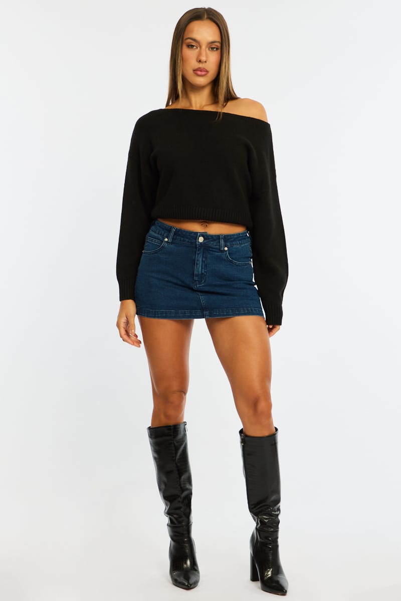 Black Knit Top Off Shoulder Long Sleeve