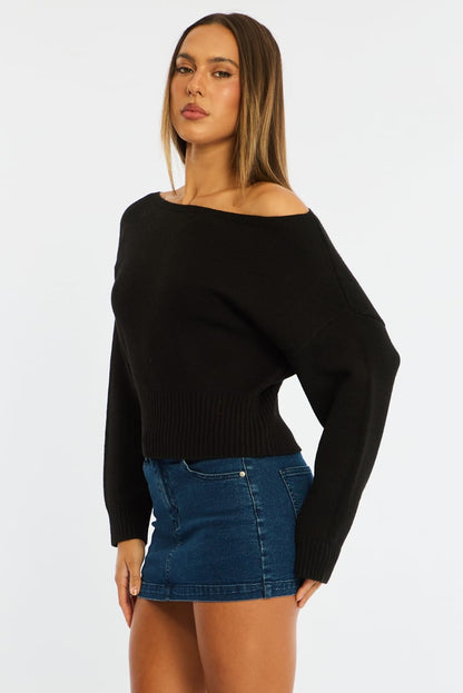Black Knit Top Off Shoulder Long Sleeve