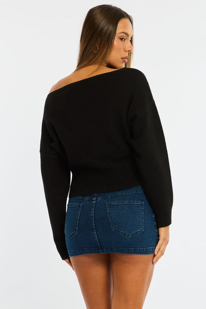 Black Knit Top Off Shoulder Long Sleeve