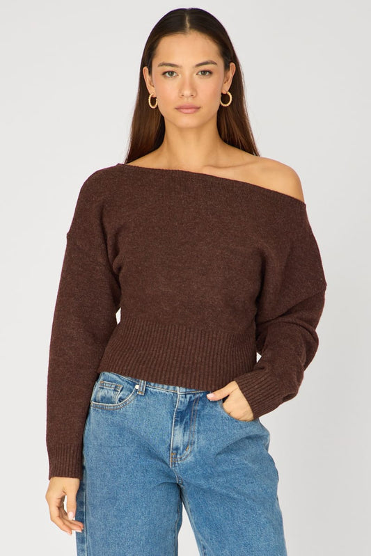 Brown Knit Top Off Shoulder Long Sleeve