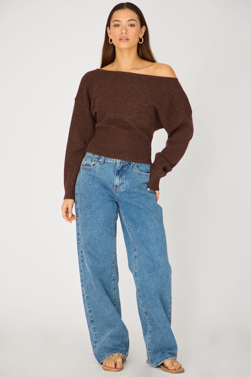 Brown Knit Top Off Shoulder Long Sleeve
