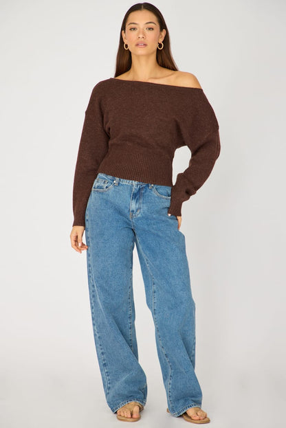 Brown Knit Top Off Shoulder Long Sleeve