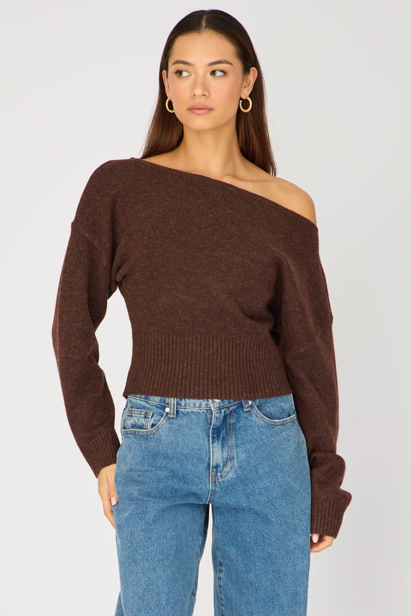 Brown Knit Top Off Shoulder Long Sleeve