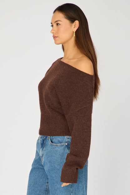 Brown Knit Top Off Shoulder Long Sleeve