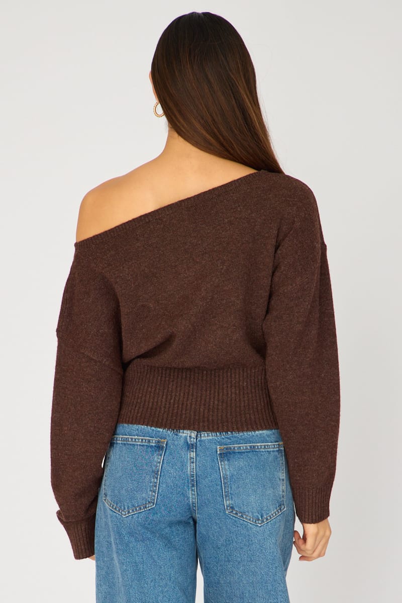 Brown Knit Top Off Shoulder Long Sleeve